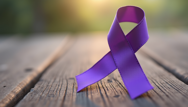 Eye-level view of a purple ribbon symbolizing lupus awareness on a wooden table