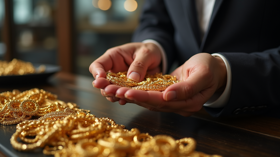 High angle view of a customer handing over gold jewelry to a dealer