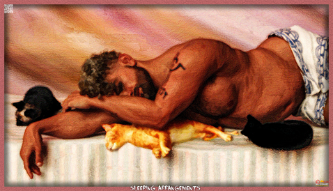 Digital oil painting of a man sleeping with cats