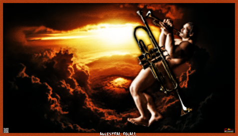 Digital oil painting of a naked trumpet player against a spectacular sunset cloudscape