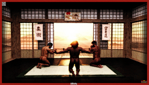 Sunrise in a Japanese dojo with male sun worshippers