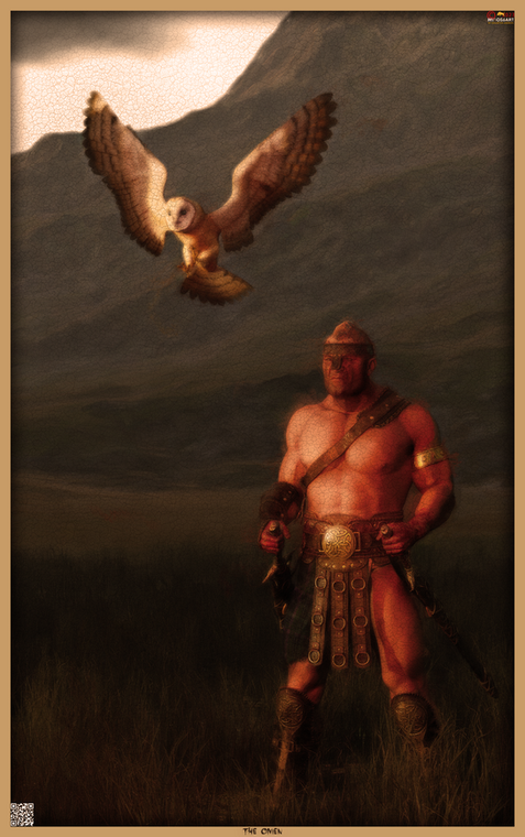 Oil painting style, barbarian with owl, mountains in background.