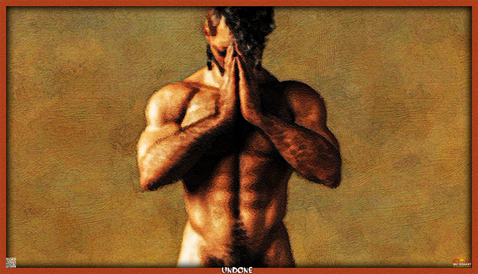 Digital oil painting of an emotional man clasping his hands with head bowed