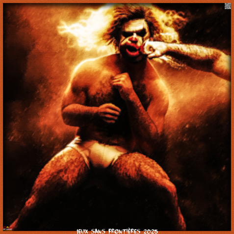 Digital oil painting of a clown being punched