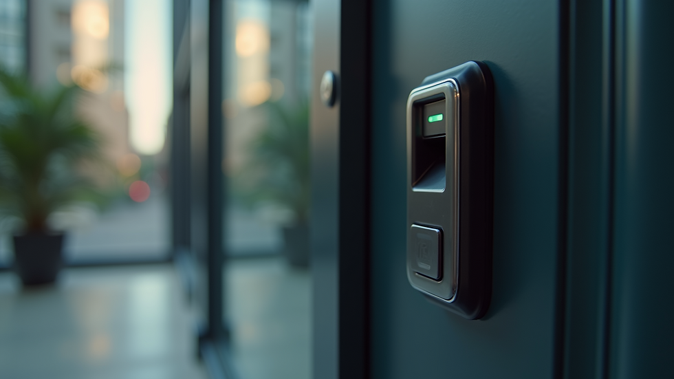 Close-up view of a biometric fingerprint scanner on a door access panel