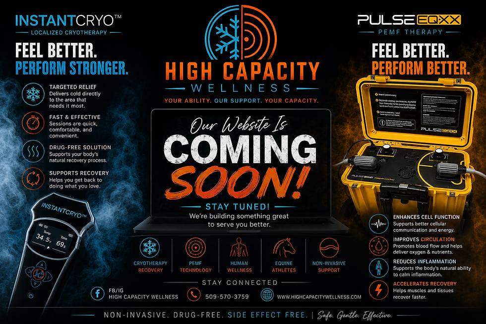 Coming soon promotional graphic for Localized Cryotherapy and PEMF, dark background with blue and orange accents, central text 'Our Website Is Coming Soon!' and surrounding product imagery, landscape aspect ratio.