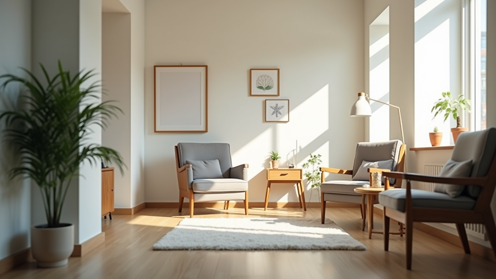 Eye-level view of a calm therapist’s office with soft lighting and comfortable chairs