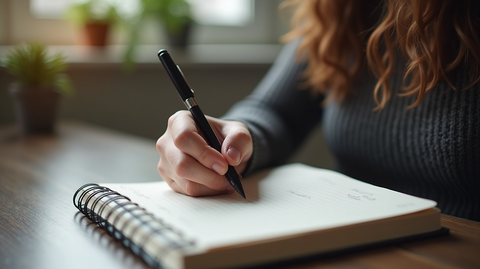 Close-up view of a person journaling with a pen and notebook, reflecting on personal growth