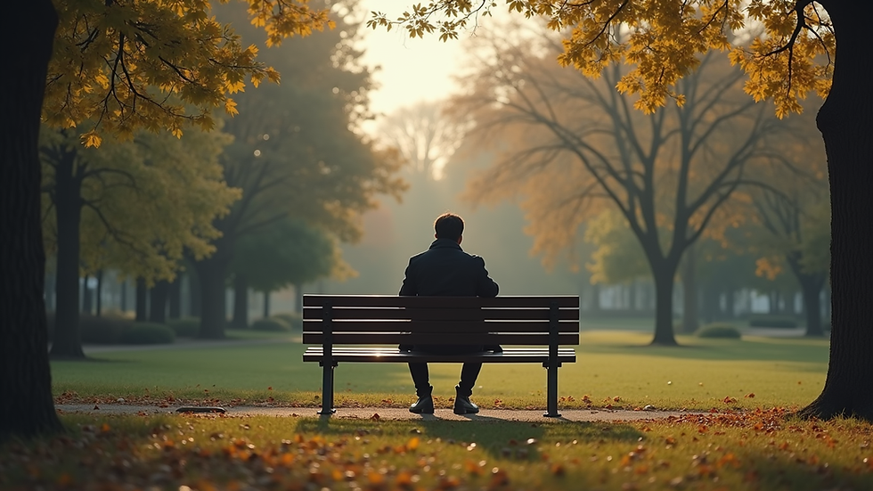 Eye-level view of a person sitting alone on a park bench, looking thoughtful