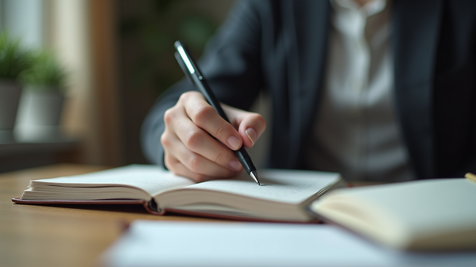 Eye-level view of a person writing in a journal with a calm background