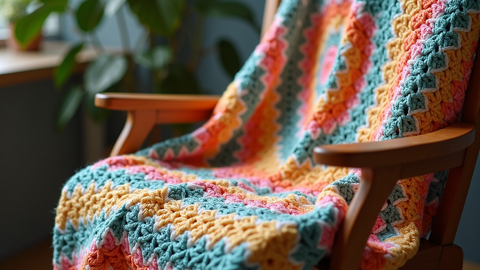 Close-up view of a colorful crochet blanket draped over a chair