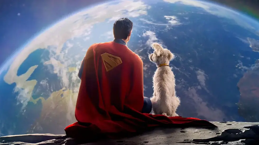 Superman sitting with his friend, Krypto