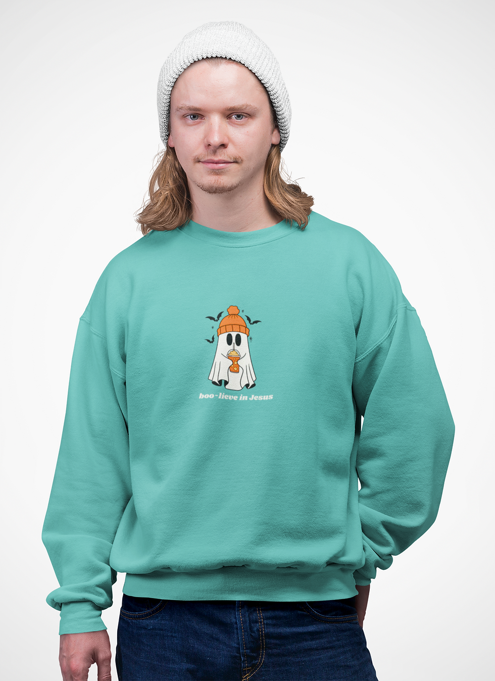 Thumbnail: Boo-lieve in Jesus - Casual Christian Halloween Ghost Sweatshirt 