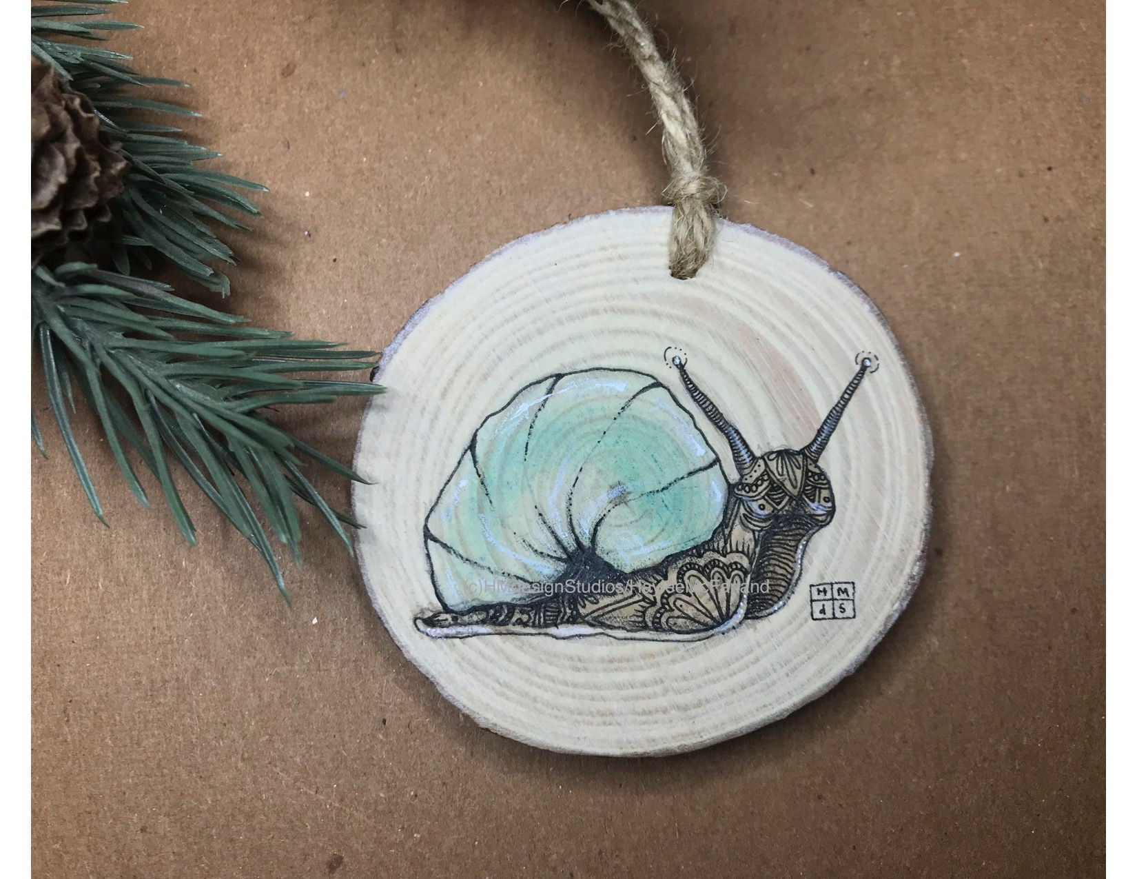 Snail # 5 Ornament, ORIGINAL liquid acrylic and pen & ink, by Haylee McFarland