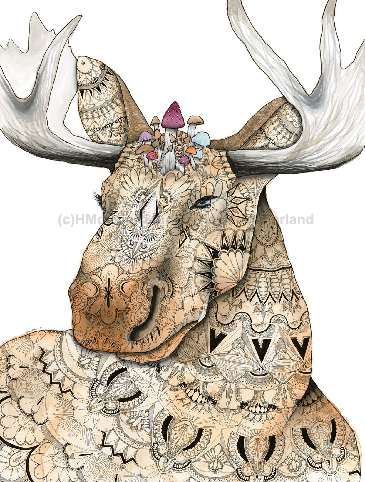 Moose with Mushrooms ORIGINAL, Watercolor and Pen & Ink, by Haylee McFarland