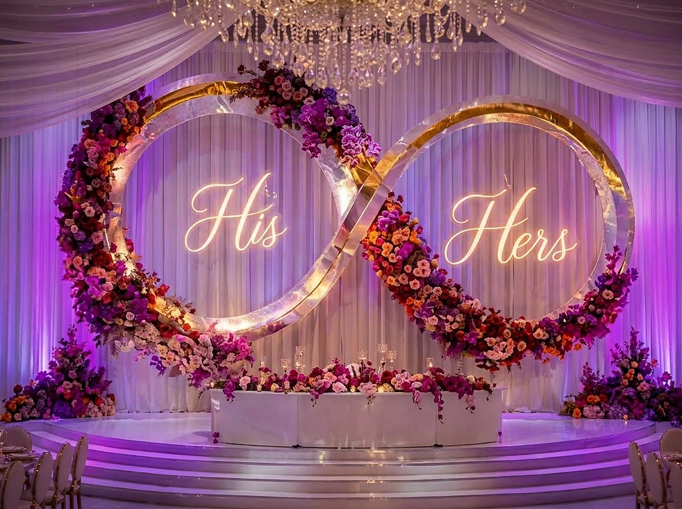 Eye-level view of a beautifully arranged wedding reception table with floral centerpieces and elegant place settings