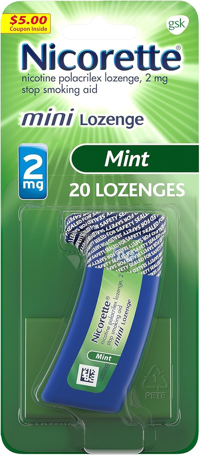 Nicorette 2 mg Mini Nicotine Lozenges 20 Count Mint Flavor Stop Smoking Aid Front View