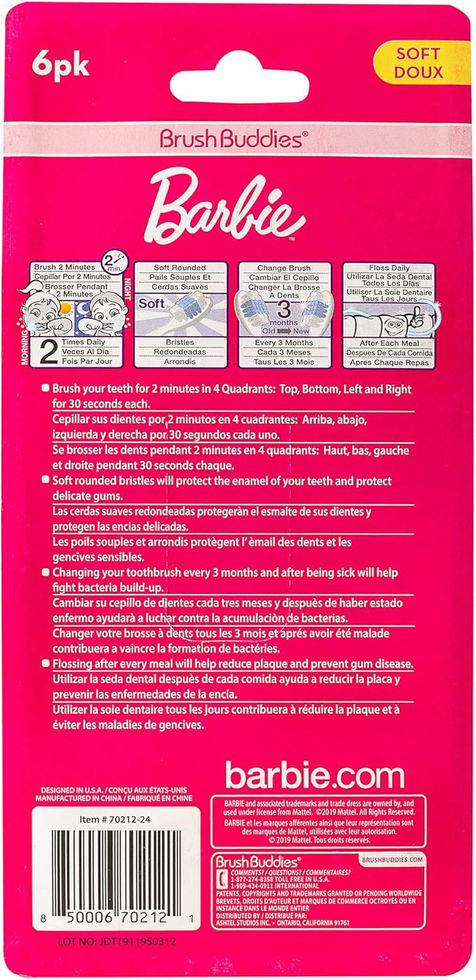 Barbie Kids Toothbrush Set with Soft Bristles and Colorful Handles