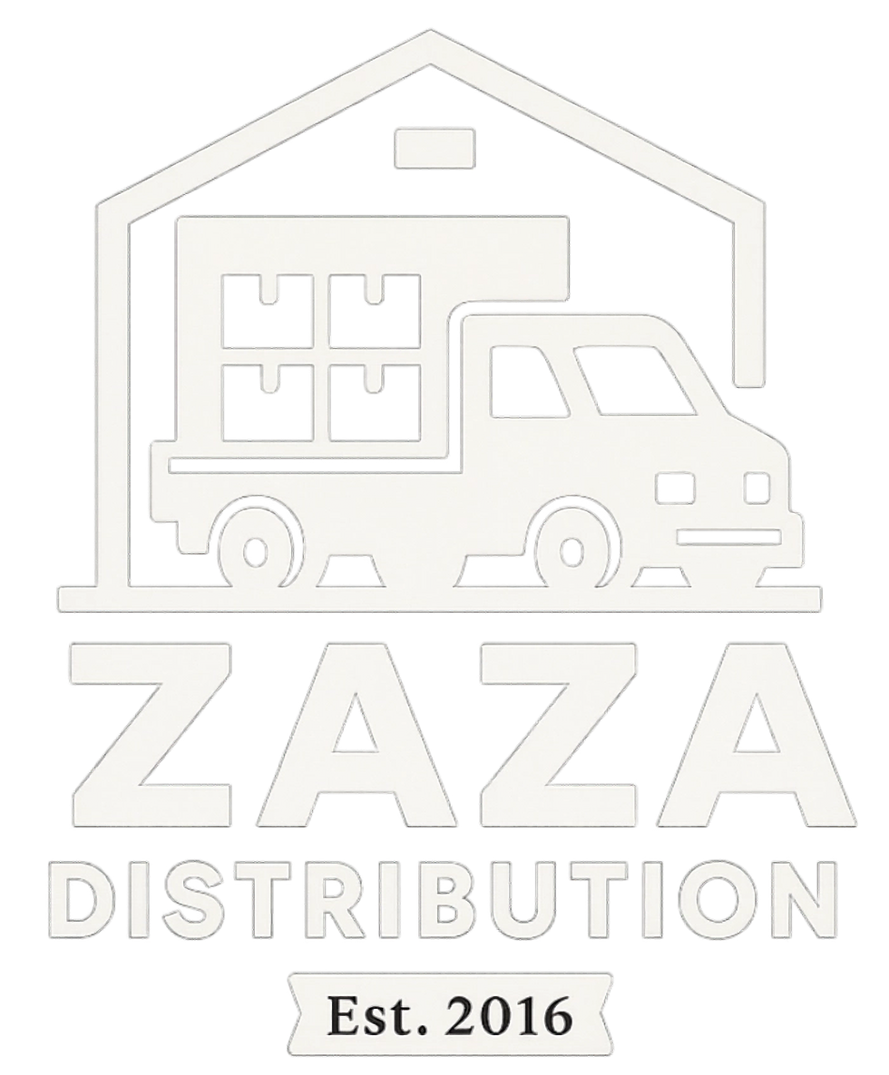 Zaza Distribution warehouse with stacked boxes ready for nationwide wholesale delivery.