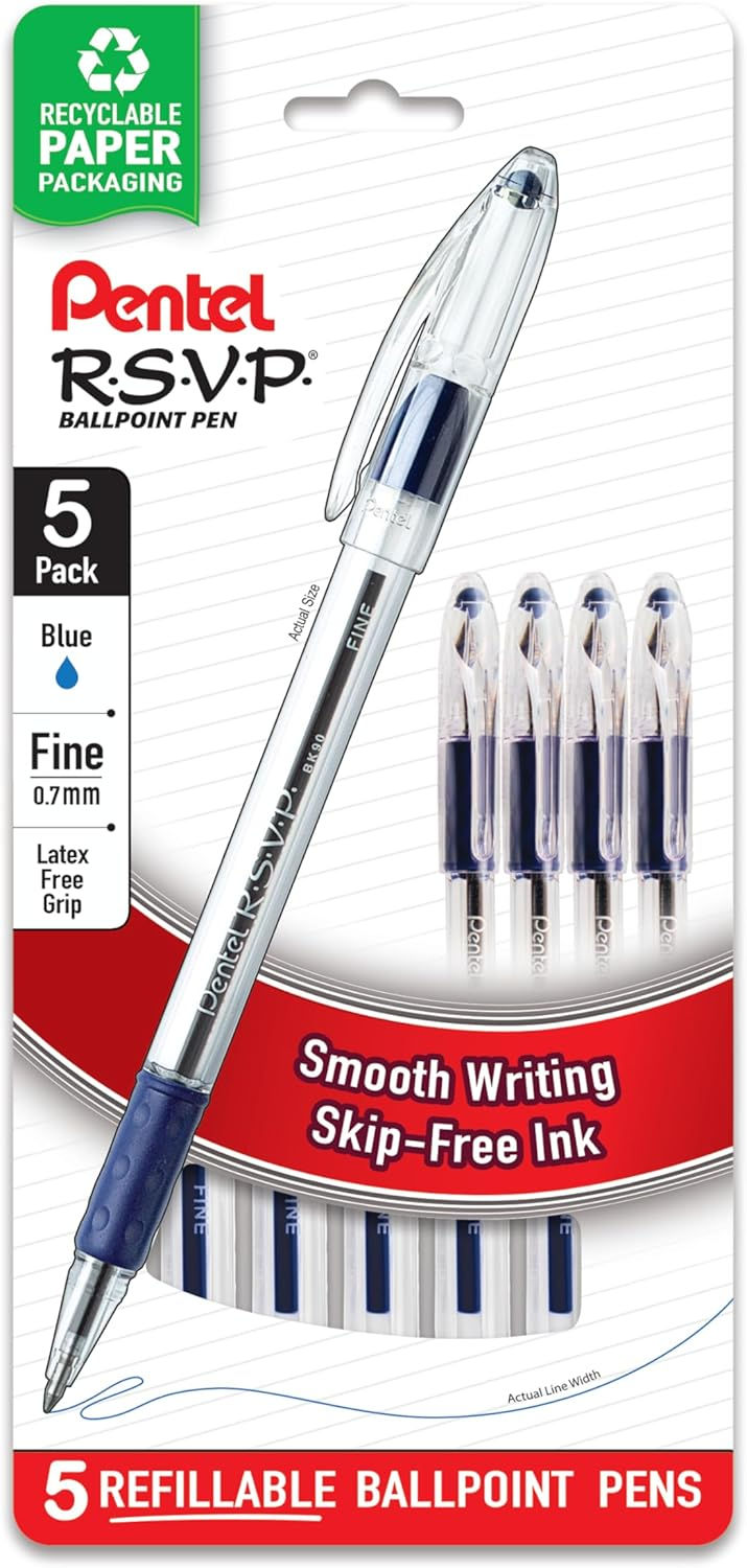 Pentel RSVP Ballpoint Pen 0.7mm Blue Ink Front View 5 Count Pack