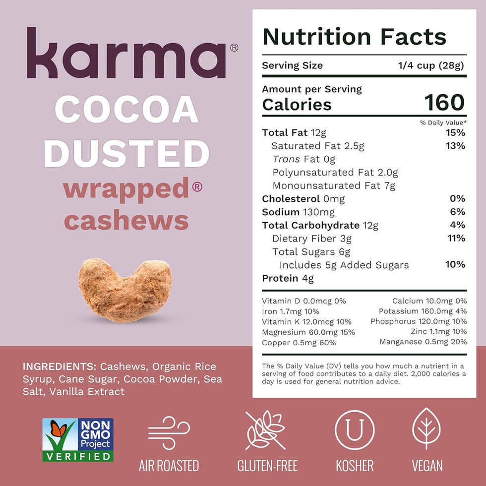 Karma Cocoa Dusted Cashews 7oz Bag Side Angle Packaging