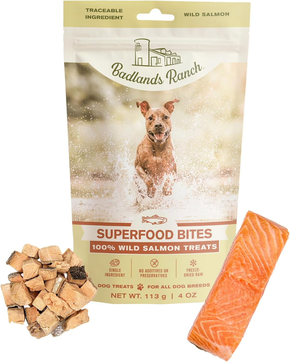 BADLANDS RANCH Superfood Bite Freeze-Dried Raw Dog Treats Wild Salmon Front View