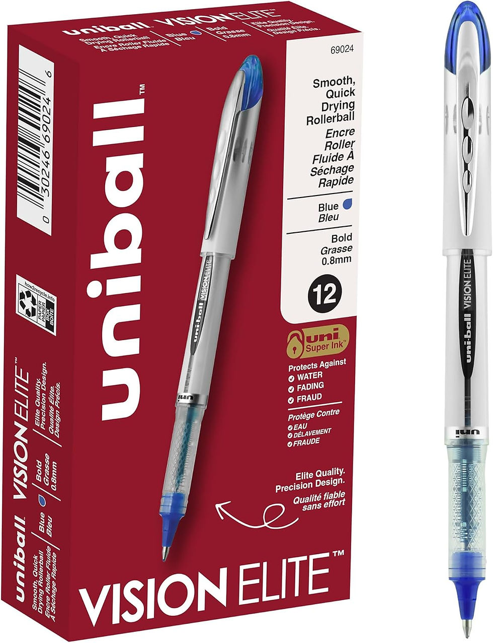 Uni-Ball Vision Elite Rollerball Pens 12 Pack Blue Ink Front View