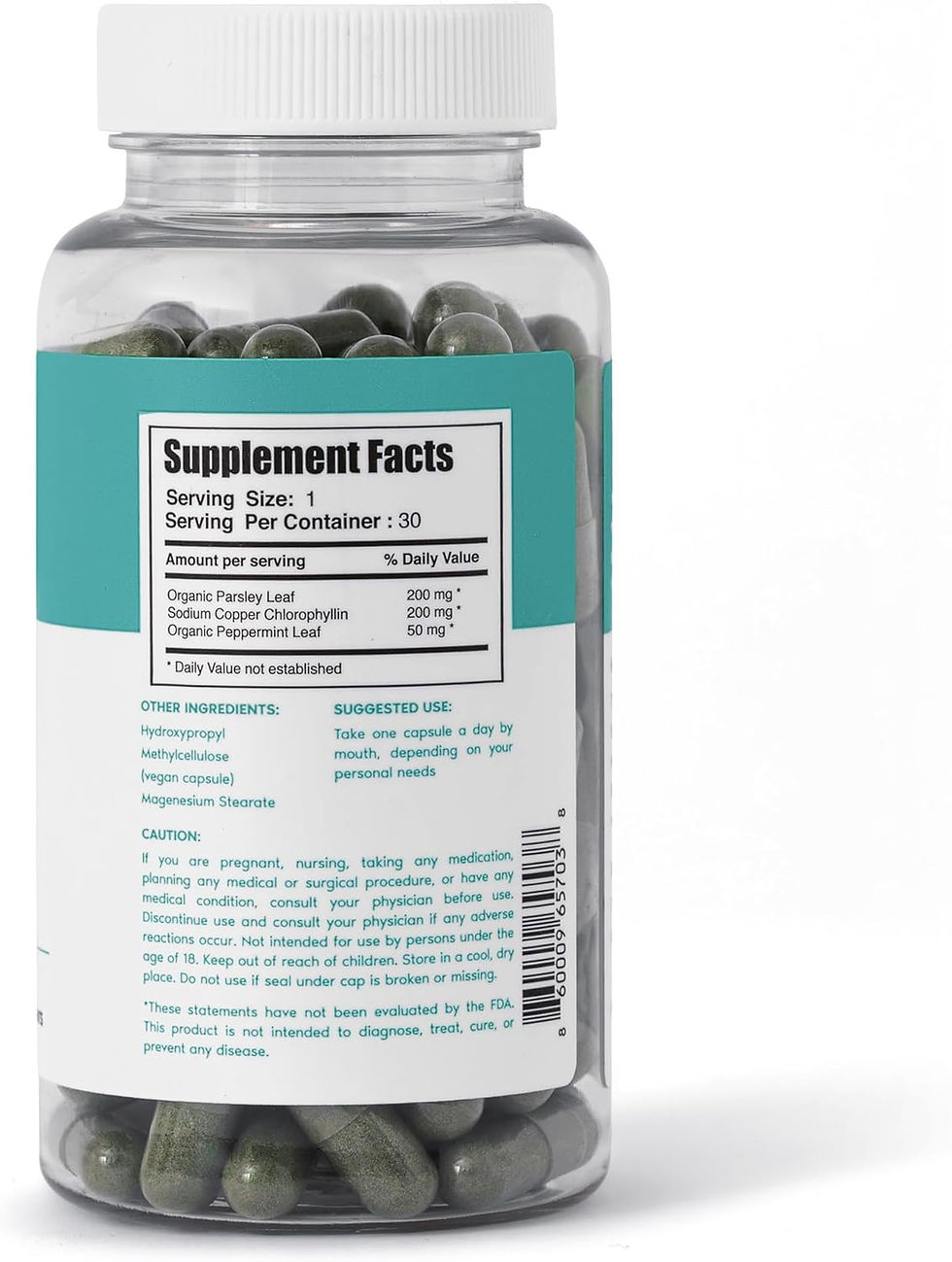 Body Magic Chlorophyll Vegan Detox Capsules 30 Count Label Side View