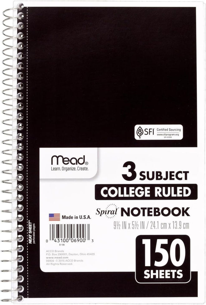 Mead 3-Subject Spiral Notebook 150 Sheets Assorted Colors Front View