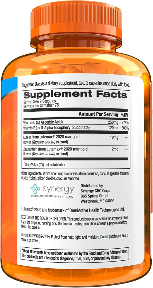 Focus Factor Blue Light Formula Bottle Showing Lutein and Zeaxanthin Supplement Facts