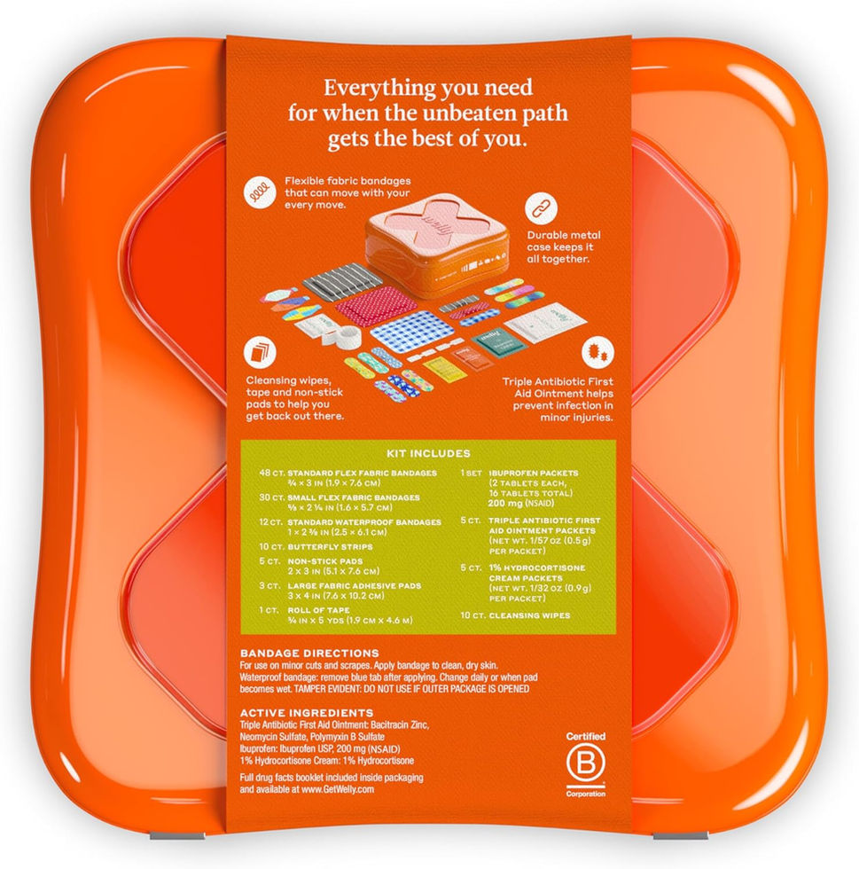 Welly 130 Count First Aid Kit Open View Showing Bandages, Tape, and Ibuprofen