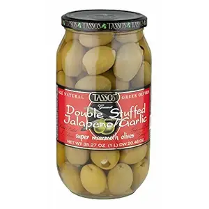 Tassos Double Stuffed Jalapeno & Garlic Olives 1 Liter Jars Pack of 2 Front View