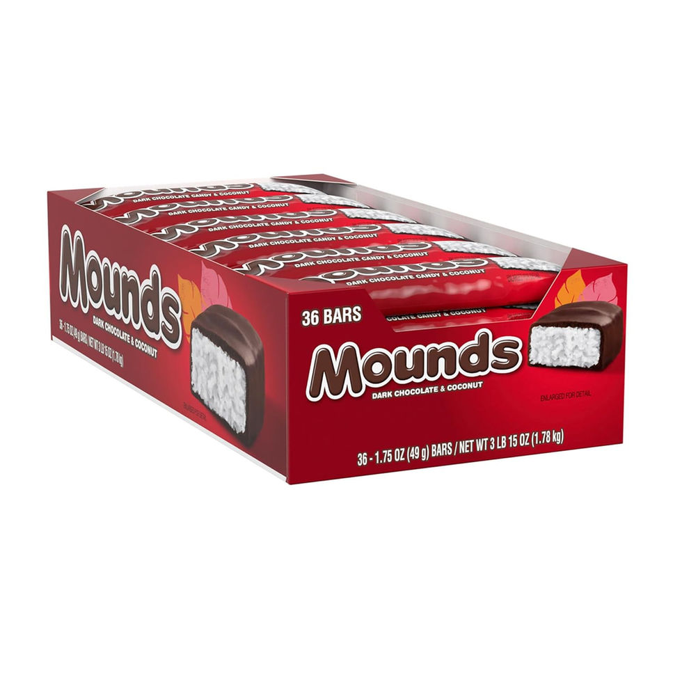 MOUNDS Dark Chocolate Coconut Bars Individually Wrapped Candy Display Box Side View