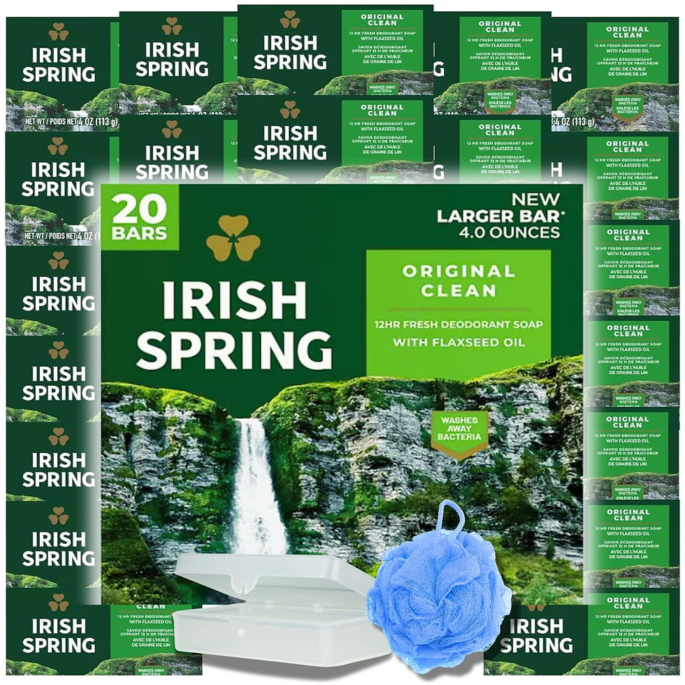 Irish Spring Original Clean Bar Soap 20 Pack Front View with Soap Holder & Loofah