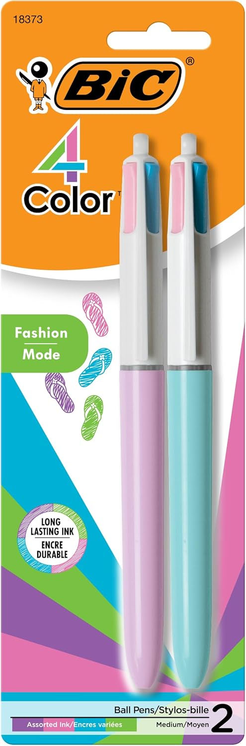 BIC 4 Color Retractable Ballpoint Pen Close-Up Writing Grip and Ink Colors