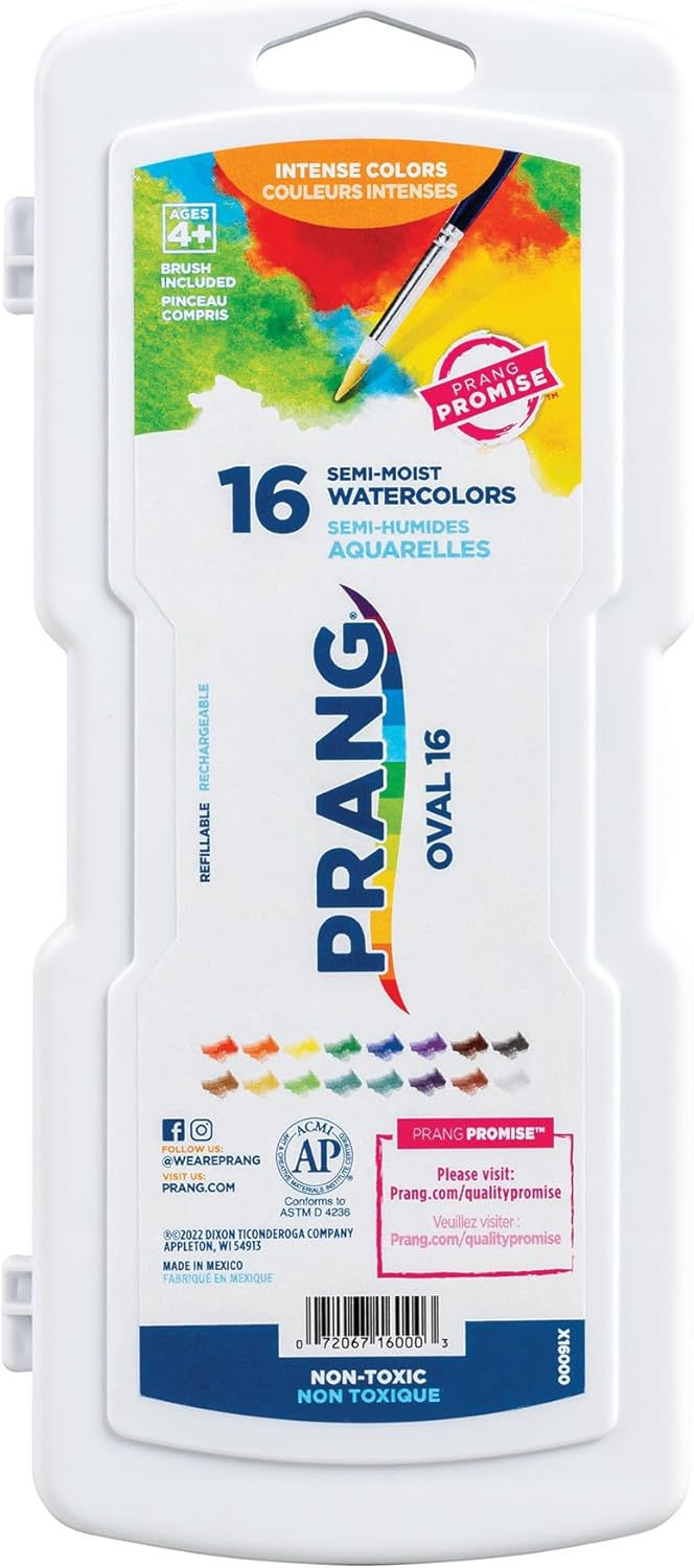 Prang Oval Pan Watercolor Paint Set 16 Colors with Brush Box Front View