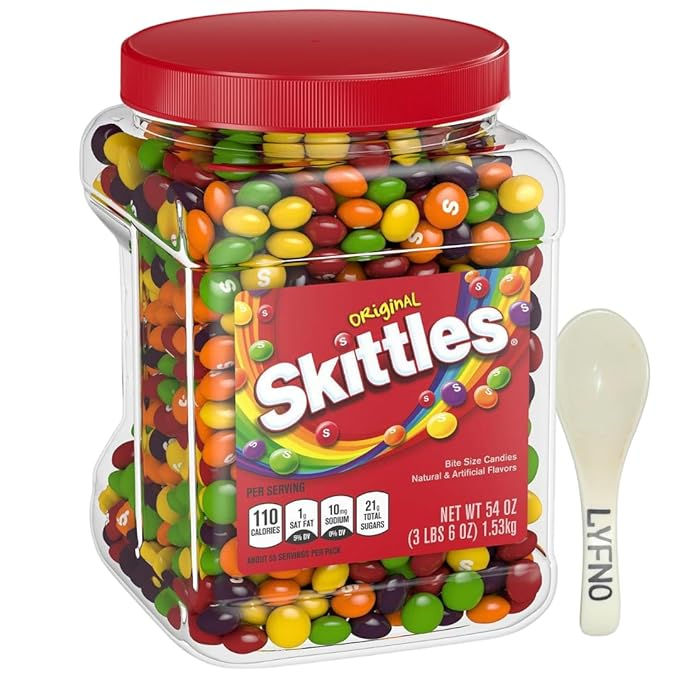 Skittles Original Chewy Candy 50 oz Bulk Bag Front View with Lyfno Spoon