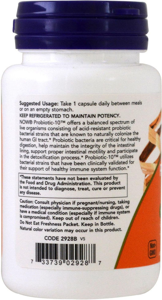 NOW Foods Probiotic10 50 Billion 2 Bottles Top and Capsule Display