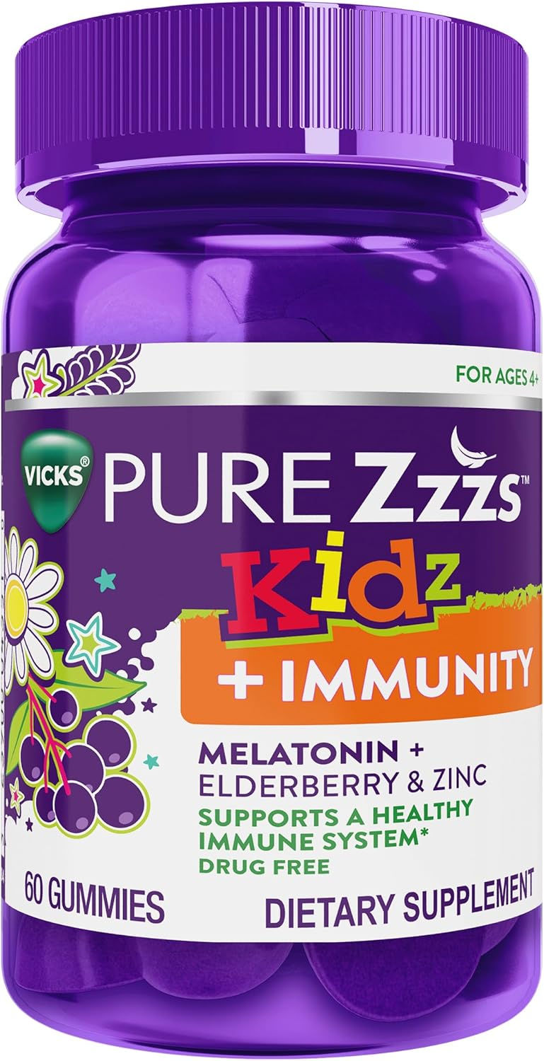 VICKS PURE Zzzs Kidz + Immunity Melatonin Gummies 60 Count Bottle Front View