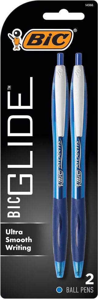 BIC Glide Blue Retractable Ballpoint Pens 2-Count Pack Front Packaging