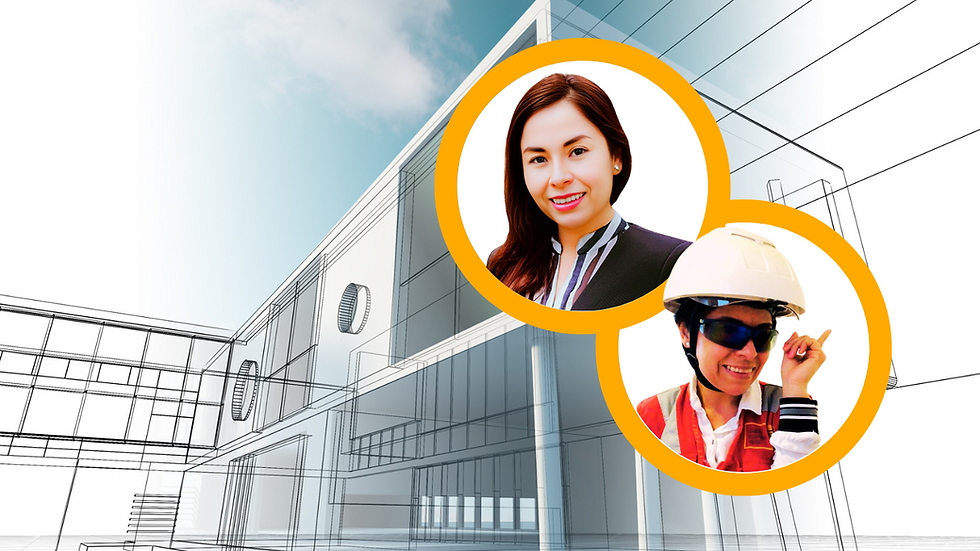 Two pictures of Patricia guillen, one with a black suit to work in a office and another with helmet to work in a building project