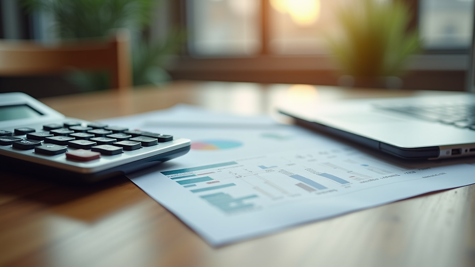 Eye-level view of a calculator and financial documents on a wooden table