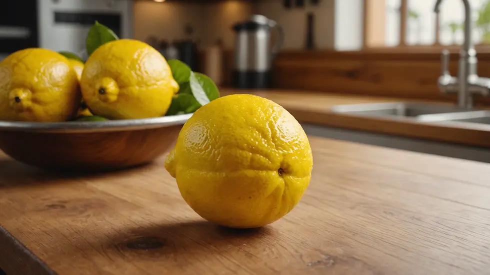 Close-up view of a fresh lemon resting on a wooden kitchen counter