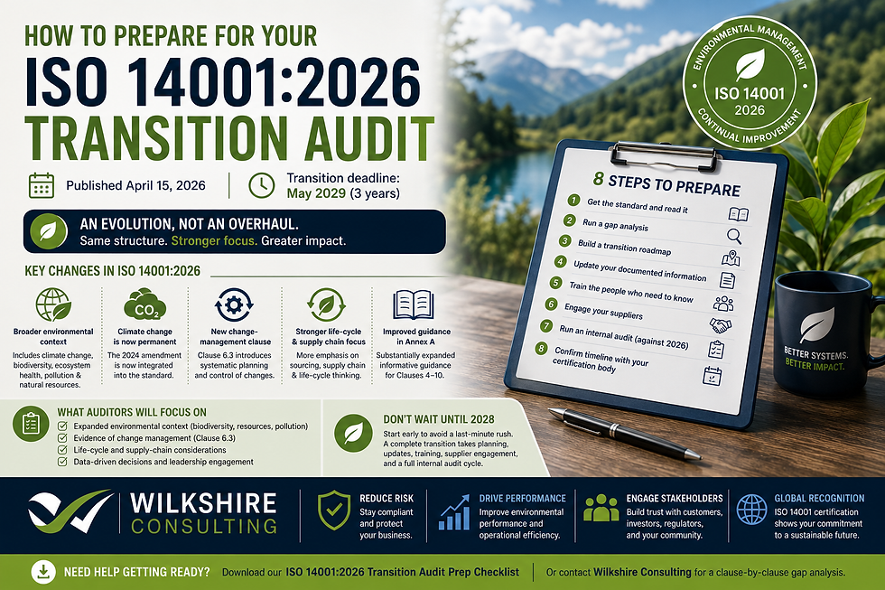 ISO 14001:2026 is published and the transition clock is running. Here's a step-by-step guide to preparing for your transition audit before the May 2029 deadline.