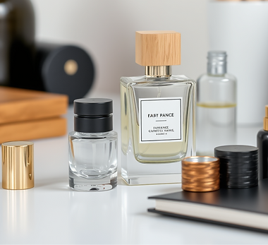 Various perfume bottle caps, with different types of metallic, wooden, plastic etc stays o