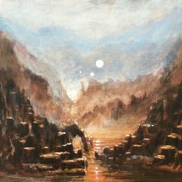 Misty Moons visionary mars planetary landscape, valley of a planet artwork.