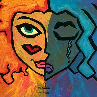 Abstract acrylic painting of a face divided into warm orange and yellow tones on one side and cool blue tones on the other, w