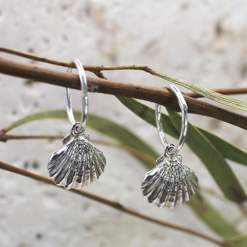 Thumbnail: Dainty, realistic Sterling Silver shells on silver sleeper hoops.