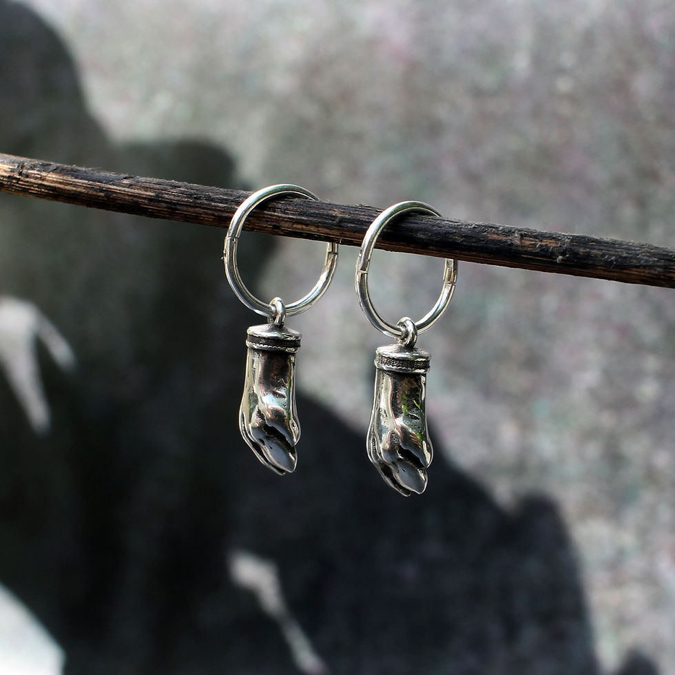 Thumbnail: Lucky Rabbit Paw earrings on sleeper hoops. Solid Sterling Silver.