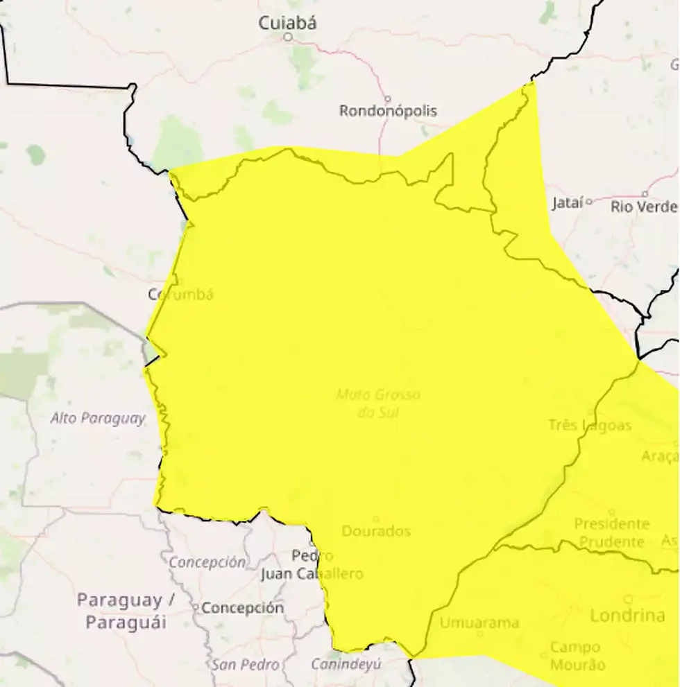 Área em amarelo está sob alerta de tempestade, conforme alerta do Inmet (Imagem: Reprodução/Inmet).